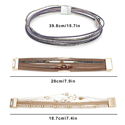 Leather Wrap Bracelet Set 3Pack Wrist Cuff Bracelet for Women Multilayer Magnetic Clasp Bracelet Feather Tree Bead Crystal Bracelet - color: Three Crystal