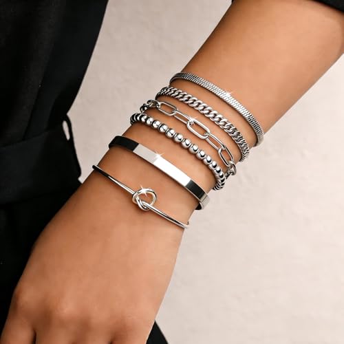 6Pcs 14K Gold Plated Bracelets for Women Layered Bangle Cuff Stack Set Adjustable Stacking Jewelry Set Gifts - color: 6PC-silver