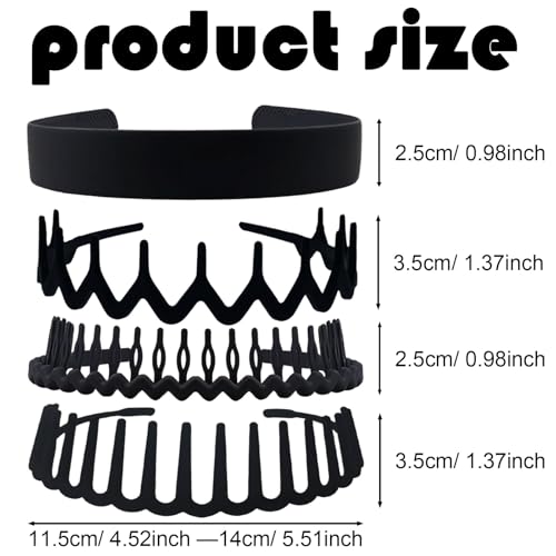 Set of 8 Non Slip Plastic Headbands for Women Men Teen and Girls, Black Matte Material Hair Bands, Wide and Skinny Head Bands with Teeth Comb (4 Styles Set 1) - size: 1 Count (Set of 8 headbands, 4 styles Set 1)