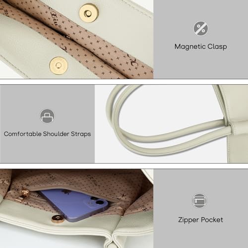 KKXIU Tote Bag for Women Vegan Leather Shoulder Purse Large Capacity Travel Bag - color: Cream White