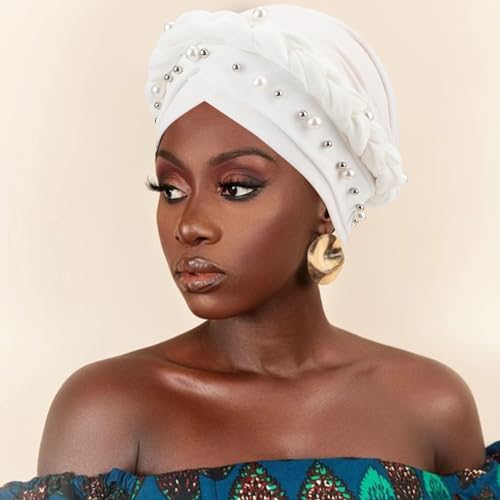 African Women Turban Caps Pre-Tied Twisted Turbans Head Scarf for Women Hair Wraps Cover Beanie Cancer Chemo Headwear - color: 1 Pack Twisted Braid A: Pearls White