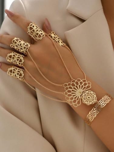 Gold Ring Bracelet Hand Chain Renaissance Jewelry Boho Floral Hand Chain Bracelet Fantasy Accessories For Women