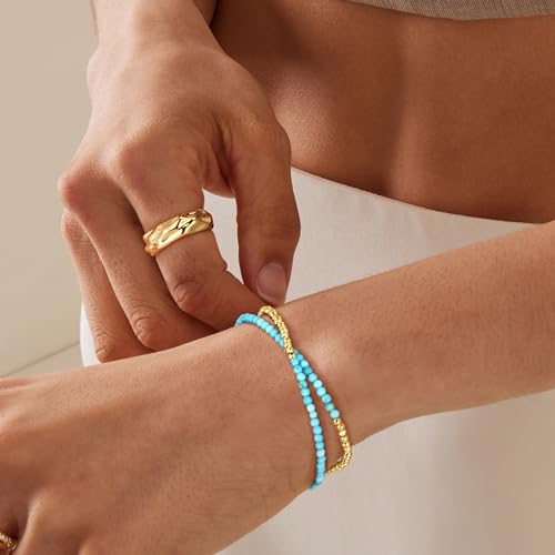 Fettero Beaded Bracelets for Women Charm Natural Stone Handmade Beads White Gold Plated Dainty Gold Bracelets Non Tarnish Boho Summer Beach Vacation Jewelry - color: Light Blue Turquoise