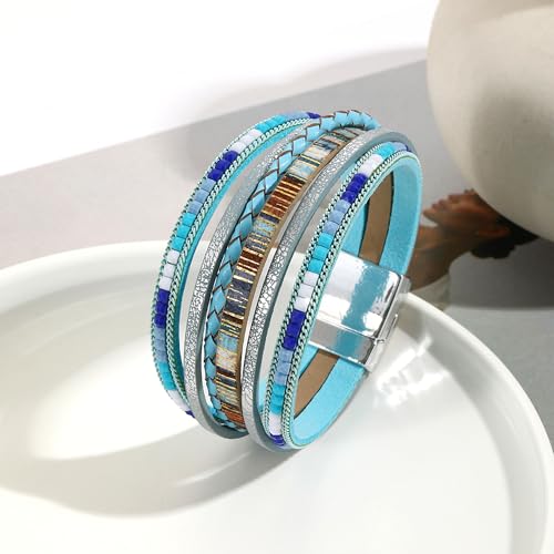 VIBILIA Boho Leather Wrap Bracelets for Women Multi-Layer Bracelets with Strong Clasp Jewelry for Women - color: 03-BohoBraid-Blue