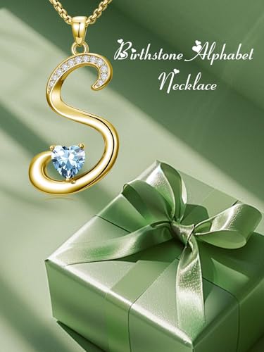 Birthday Gifts for Women 18k Gold Initial Necklaces for Women Simple Alphabets Letters with Birthstone Pendants Name Jewelry Anniversary Wedding Gifts for Sister Daughter Her (with Gift Box) - color: 03-Mar-Aquamarine, style: Letter S