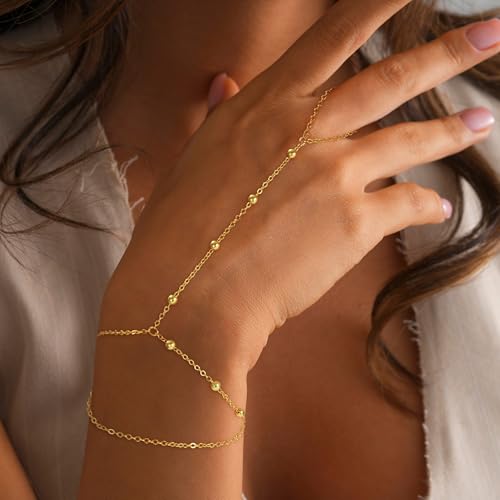 Hand Chain Bracelets for Women - 14K Real Gold Plated Dainty Stackable Paperclip Link Bracelets Hand Chain Bracelet Ring Gold Bracelets for Women Trendy - color: 4 Bead Hand Chain