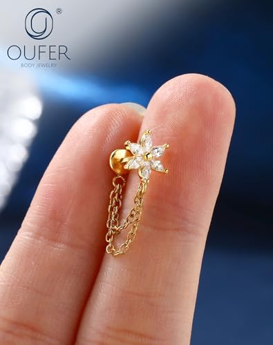 OUFER 16G Chain Cartilage Piercing Jewelry-316L Surgical Steel Gold Flat Back Push Pin Helix Earring, Star Clear CZ Double Chain Lobe Piercing Jewelry - style: Flower-Gold