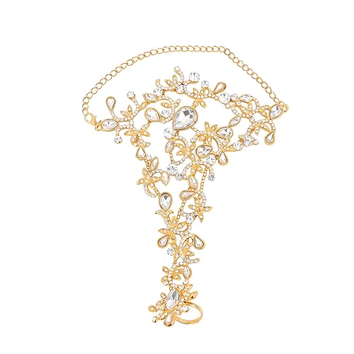 Denifery Rhinestones Finger Ring Bracelet Hand Chain Bracelets with Ring Slave Bracelets Boho Bangle Bracelets Wedding Hand Harness Hand Accessories for Women - color: Gold