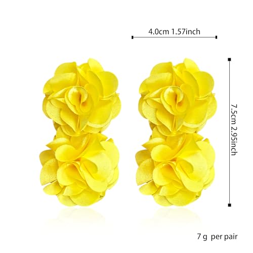 Oversized Fabric Flower Earrings for Women Statement Boho Chic Dangle Drop Earrings for Parties Weddings or Everyday Wear - color: Yellow