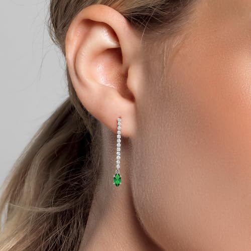 Gem Stone King 14K White Gold Gemstone Birthstone and White Lab Grown Diamond Long Liner Dangle Earrings for Women | Marquise 6X3MM | White Gold Chain Drop Earrings - style: Nano Emerald, May