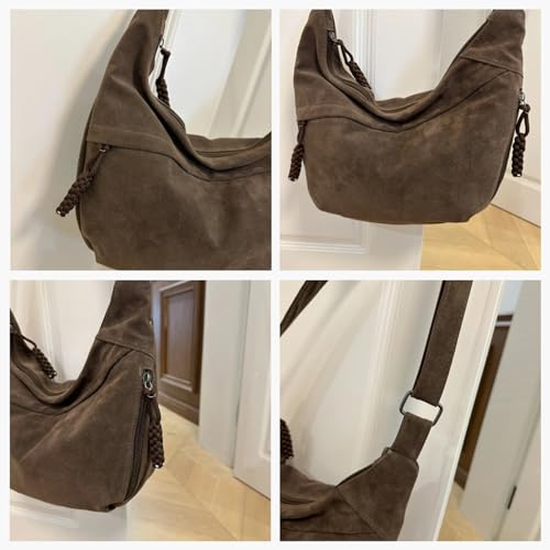 Women's Crescent Crossbody Bag – Large Capacity Suede Sling Bag, Travel Shoulder Bag for Women, Tote Purse - color: Dark Brown