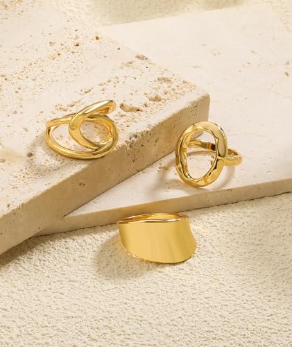 ZOERAY Chunky Gold Rings for Women Non Tarnish Trendy 14k Gold Plated Adjustable Signet Band Stackable Thumb Ring Set Open Twist Dome Statement Stacking Rings Jewelry Gifts for Women Size 5-10 - color: A.Interlock Statement Rings