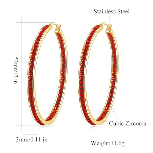 CiNily Mult-colors Crystal Stainless Steel Hoop Earring for Women Hypoallergenic Jewelry for Sensitive Ears Large Big Hoop Earrings 2" - color: Gold-Red CZ