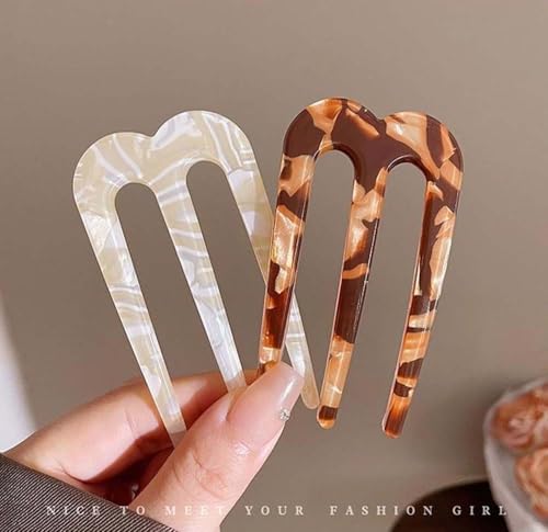 2 Pcs French Hair Pins for Women, U Shaped Hair Forks, French Twist Hair Pin Clips, Vintage Hairstyle Accessories Cellulose Acetate 3 Prong Bun Hair Sticks