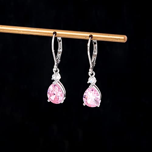 CiNily Teardrop Leverback Dangle Earrings for Women Hypoallergenic 14K Gold Plated Cubic Zircon Drop Earrings Fashion Crystal Earrings for Girls Jewelry Christmas Gifts - color: White Gold-Pink CZ