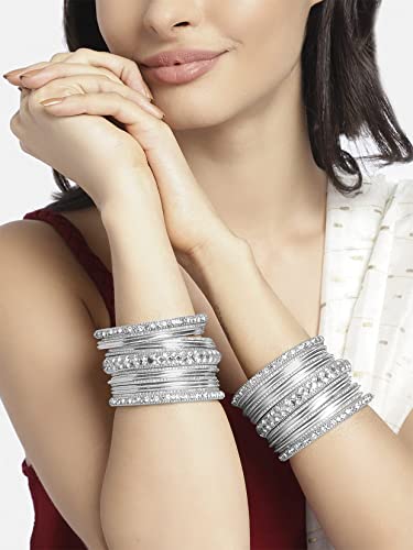 Aheli Ethnic Colorful Metal Bangles Chudha Set Stone Studded Bangle Set Indian Wedding Wear Fashion Jewelry Gift for Women Blue - color: Silver
