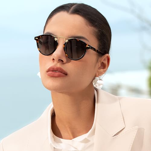 CARFIA Double Bridge Small Acetate Sunglasses for Women Polarized, Retro Metal Brow Ladies Sunnies Fashion Round Eyewears - color: 4. Yellow Tortoise Frame Gradient Grey Lens