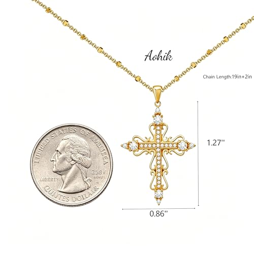 14K Gold Plated Cross Pendant Necklaces for Women Trendy, Dainty Choker CZ Cross Necklace Non Tarnish,Simple Tiny Cross Necklace for Jewelry Gifts - style: Flower-Gold
