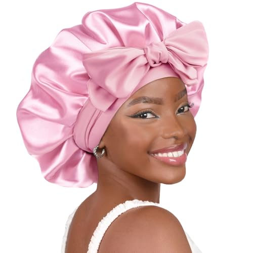 YANIBEST Adjustable Satin Bonnet for Sleeping Women Double Layer Hair Wrap Reduce Friction Prevent Frizz Natural Curly Hair - color: Pink