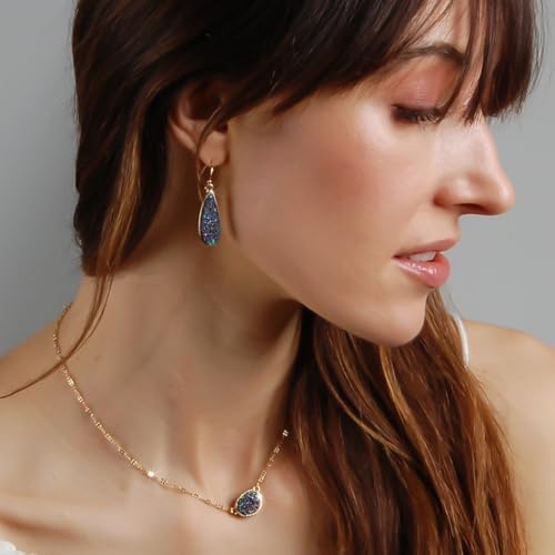 Teardrop Dangle Earrings for Women with Simulated Druzy Stones, in Gold or Rose Gold Tone - color: Gold - Black Created Opal