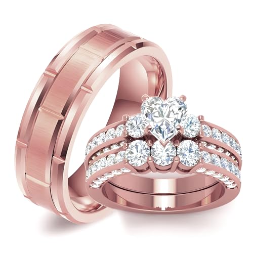 3Pcs Moissanite Wedding Rings Sets for Couples, s925 10K 14K 18K Real Gold Wedding Rings Sets for Him and Her, Customized Matching Engagement Bands Set for Men and Women Free Engraving - style: Style-8