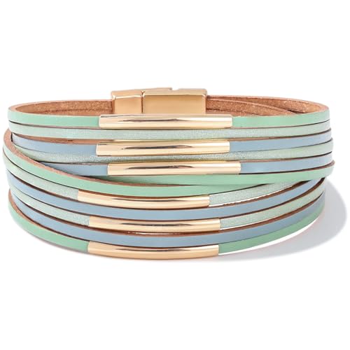 FANCY SHINY Boho Leather Bangle Bracelets Stackable Noodle Tube Bracelets Layered Wrap Cuff Bracelets with Magnetic Clasp - color: Mint