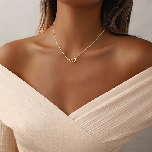 Heart Necklace for Women Dainty 14K Gold/Silver Plated Love Charm Pendant Choker Adjustable Chain Meaningful Cute Jewelry Gift for Her Wife Best Friend Couple - style: Double Heart-GD