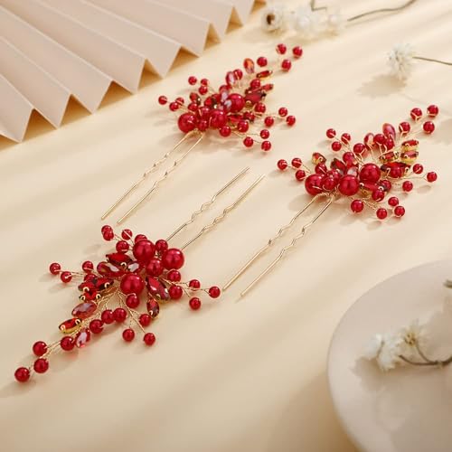 3pcs Red Crystal Hair Pins Long Side Hair Piece for Wedding Brides Bridesmaid Boho Hair Accessories for Prom (Red)