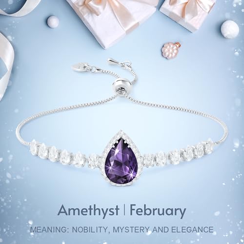 Linawe Crystal Imitation Diamond Rhinestone Charm Bracelets for Women, Gold/Silver/Rose Gold Adjustable Chain Bracelet, Teardrop Birthstone Cubic Zirconia Prom Costume Wedding Jewelry - color: Silver,Feb