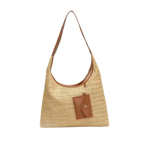 Women's Woven Beach Shoulder Handbag Colorful Straw Tote Bag Summer Vacation Crossbody Bag - color: 3016brown