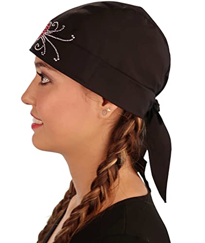 Sparkling EARTH - American Made Skull Caps Doo Rags Do Rag Durag Headwrap Head Wraps Skullies - Made in The USA! - color: Black Skull Cap With Red Heart and Swirls Rhinestud