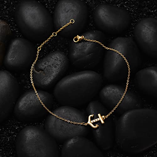 LOYATA Dainty Ankle Bracelet,14K Gold Plated Tiny Bead Anklet Dainty White Cubic Zirconia Cross Tassel Foot Chain Cute Lucky Moon Evil Eye Foot Jewelry Boho Anklets for Women - color: Anchor