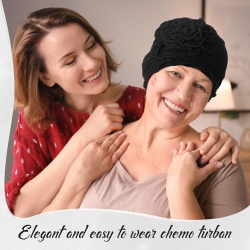 Geyoga Cotton Chemo Headwear Turban for Women Soft Elastic Cancer Hat Cancer Sleep Caps Head Wraps for Women with Hair Loss - color: Black