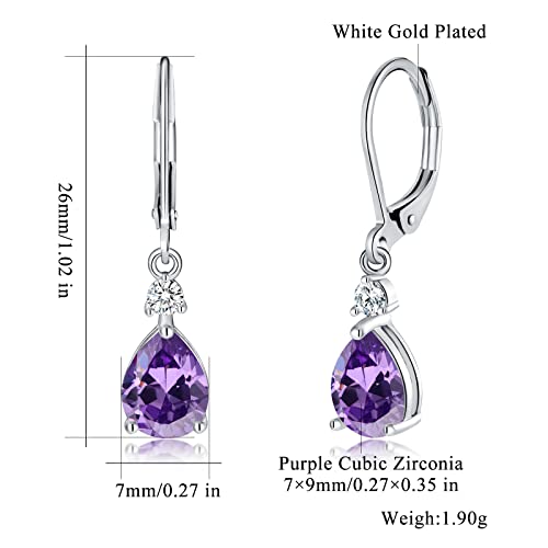 CiNily Teardrop Leverback Dangle Earrings for Women Hypoallergenic 14K Gold Plated Cubic Zircon Drop Earrings Fashion Crystal Earrings for Girls Jewelry Christmas Gifts - color: White Gold-Purple CZ