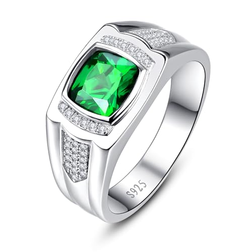 Yaresul 8 * 8mm 2.85CT 925 Sterling Silver Mens Gemstone Ring Princess Cut Created Black Onyx|Sapphire|Emerald|Ruby Mens Wedding Band Engagement Ring Pave CZ W/AAA Size 6-13 - color: Created Emerald