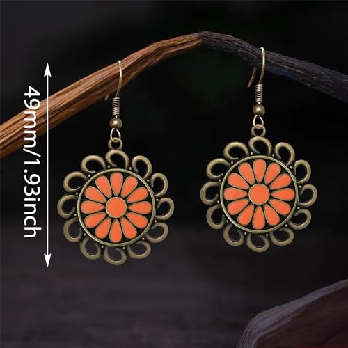 Bohemian Lightweight Vintage Copper Enamel Flower Hollow Dangle Drop Earrings Handmade Retro Circle Floral Hook Earrings For WomenJewelry Gifts - color: Orange