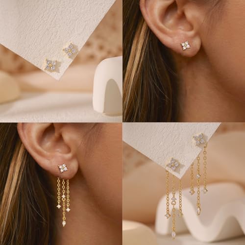 Dangle Earrings for Women, Dainty Gold Drop Earrings 14k Gold Plated Long CZ Bar Earrings for Women Trendy Simple Hypoallergenic Chandelier Stud Earrings Formal Wedding Prom Jewelry for Women - color: dangle2