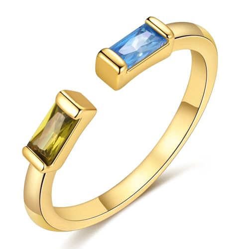 TOBENY Gold Birthstone Rings for Women 14K Gold Plated Adjustable Rings Non Tarnish Gold Stackable Rings Dainty Emerald Green Cubic Zirconia Ring for Mother Daughter Birthday Jewelry Gifts - color: Aug+Dec