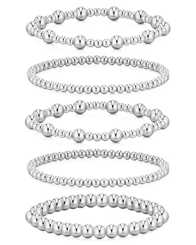 doubgood Gold Bracelets for Women, 5 Piece 14K Gold Plated Bracelet Stack Beaded Ball Jewelry Sets Gifts for Women - color: Style 1-Silver-7.25IN