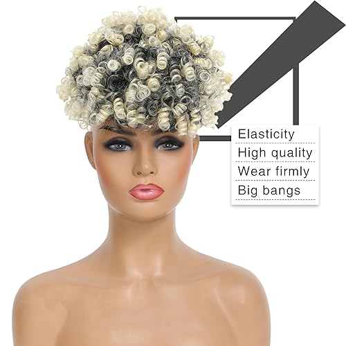 Drawstring Ponytail with Bangs - Afro Puff Extensions for Women, Short Curly Clip in Wrap Updo Hairpiece (T1B/613#) - color: T1B/613#