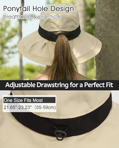 Senker Fashion Sun Hats for Women UV Protection, Waterproof Ponytail Wide Brim Bucket Hat for Summer Beach Gardening Travel - color: Khaki