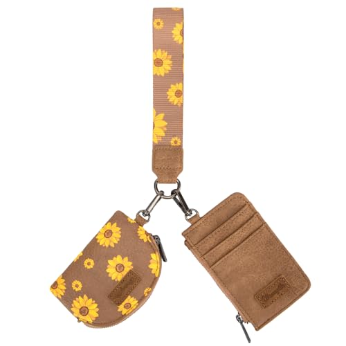 Wrangler KeyChain Wristlet Wallets for Women Sunflower Floral Dual Pouch Wristlet Western Credit Card Holder Wallet with Zipper Pocket - color: Sunflower Khaki