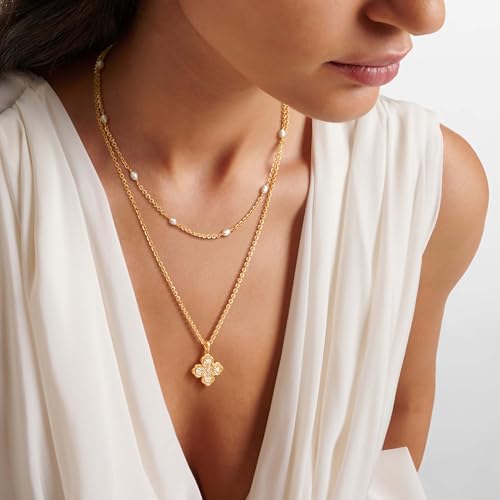 Fettero Dainty Gold Necklace for Women - Double Sided Pendant Necklace 14K Gold Plated Charm Clover Necklace Jewelry for Valentine's Day - color: Mother Pearl White