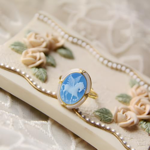 Victorian Cameo Ring in Shell Frame, Antique Agate Cameos Silhouette Rings Adjustable, Vintage Retro Art Deco Cameo Jewelry for Women - color: Blue,a
