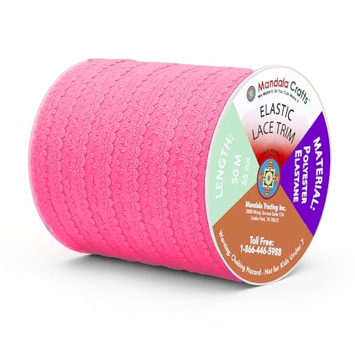 Mandala Crafts Hot Pink Stretch Lace Soft Elastic Trim Roll - 55 Yards 1 Inch Wide Stretchy Frilly Picot Ribbon for Sewing Lingerie, Headbands, Underwear, and Crafts - color: Hot Pink