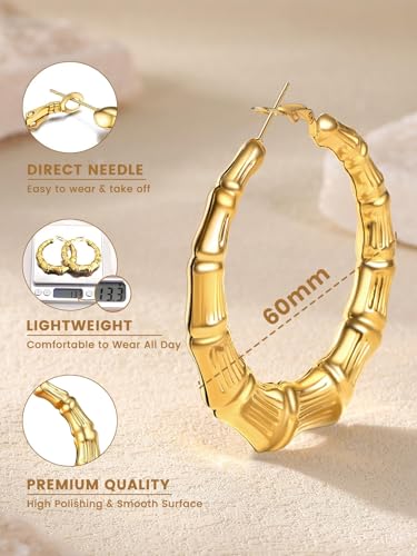 KeyStyle Bamboo Hoop Earrings for Women, Stainless Steel 90s Hoops Earring Lightweight Loops for Party, 2 mm Thick Hypoallergenic Vintage Circle Endless Thin Hoop (40mm, 60mm, 80mm,) - color: 14K Plated Gold-60mm