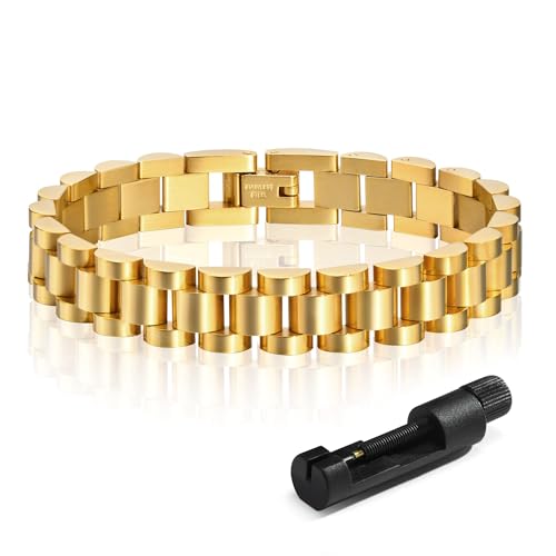 MPRAINBOW 2pcs 18K Gold Plated Chain Link Bracelet, Stainless Steel Crystal Friendship Bracelets Bangle,Watch Band Chains Wristband Jewelry with Adjust Tool - color: Gold-21cm