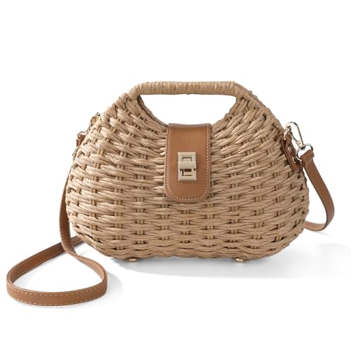Richeart Clutch Purses for Women - Summer Beach Crossbody Bag with Adjustable Strap - Boho Shoulder Handwoven Straw Purse - color: Khaki