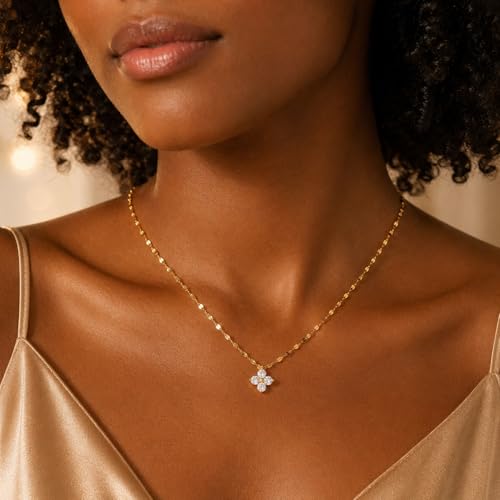Dainty Gold Necklaces for Women Trendy Non Tarnish 14K Gold Plated Cubic Zirconia Necklace Layered Simple Cute Four Leaf Clover Choker Jewelry Birthday Gifts - color: Gold, style: Sequin CZ