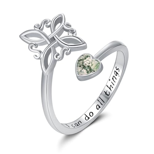 Witches Knot Ring 925 Sterling Silver Adjustable Black Onyx/Turquoise Gravel/Moss Agate/Turquoise/Moonstone Witch Ring Celtic Knot Amulet Wiccan Pagan Protection Jewelry Gifts for Women - style: Moss Agate